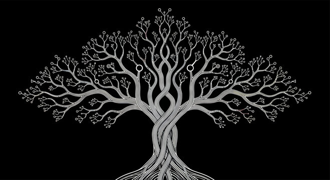 Symmetrical stylized tree with intertwining branches, embodying connection and growth on stark