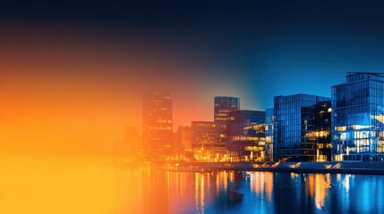 Obraz premium Vibrant city skyline at dusk with illuminated buildings reflecting on the water, showcasing urban life