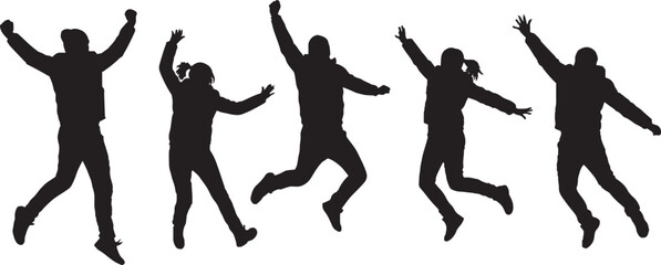 Vector Silhouettes of Dynamic Jumping People, Celebration, Freedom, and Energy
