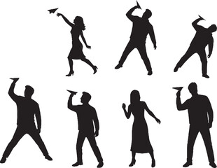Obraz premium People Silhouettes Launching Paper Airplanes Vector Set