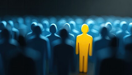 A single, bright yellow figure stands out amidst a crowd of dark blue figures