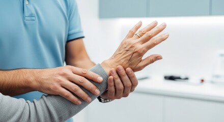 A doctor or therapists hands carefully holding and examining an elderly womans wrist, indicating a medical assessment for arthritis, injury, or agerelated joint issues