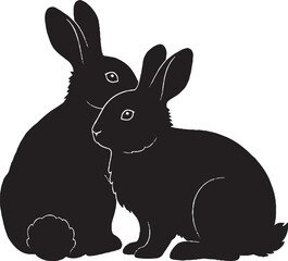 Two Black Rabbit Silhouettes Cuddling Outline Vector