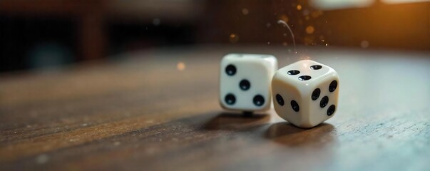 Close-up shot of a pair of six-sided dice rolling across a wooden surface, capturing the motion blur and the random outcome of the throw , still life, vintage game
