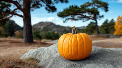 Bright orange pumpkin placed on rock outdoors with autumn forest trees and mountains seasonal harvest thanksgiving halloween nature concept