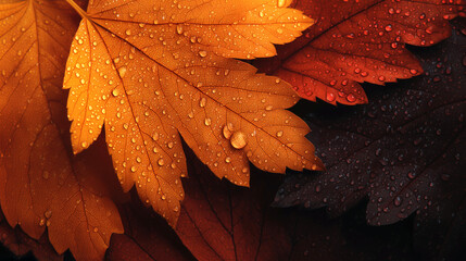 Closeup of orange autumn leaf with raindrops and detailed texture seasonal fall foliage nature background