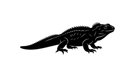 Fototapeta premium Powerful black silhouette of an iguana with a spiky crest and textured skin, standing firmly on an isolated transparent background.
