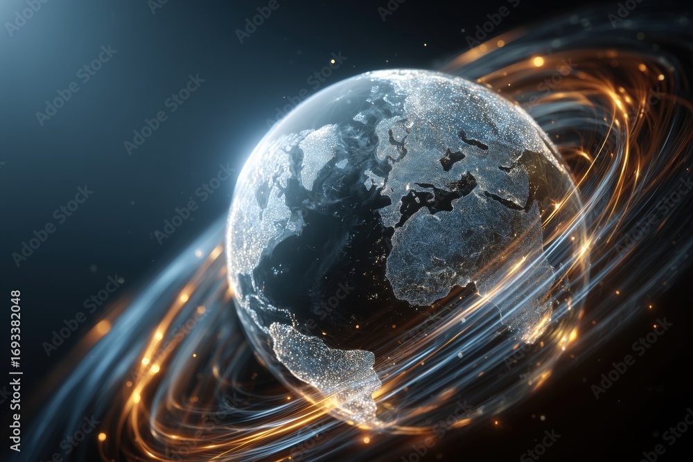 Poster digital earth globe surrounded by glowing data streams, symbolizing global connectivity and the worl