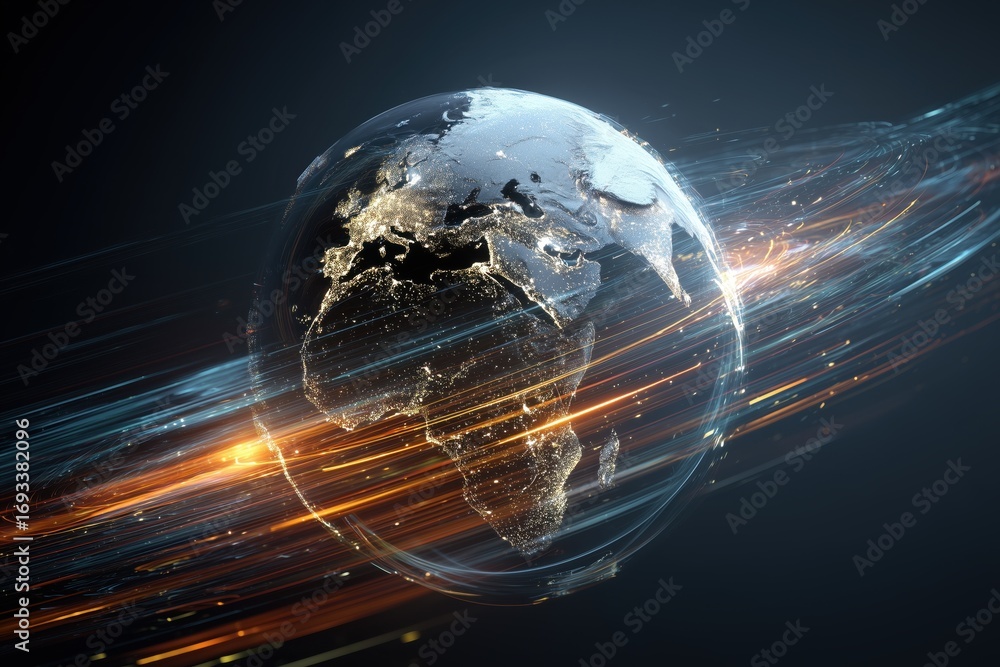 Poster digital earth globe surrounded by glowing data streams, symbolizing global connectivity and the spee