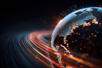 digital planet earth with binary code and data flow, global network concept on a dark background digital earth globe made of glowing digital data stream lines and binary numbers in blue Generative AI