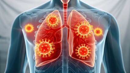 AI threats in healthcare systems, viral infection lungs illustration, human chest anatomy visualization, glowing pathogen concept with concern