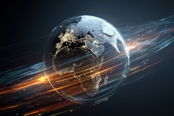 digital earth globe surrounded by glowing data streams, symbolizing global connectivity and the speed of digital transformation in business Generative AI