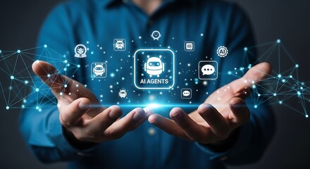 Futuristic AI agents concept with connected network and glowing icons held by hands