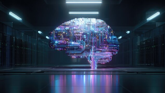 A glowing brain, digital, server room