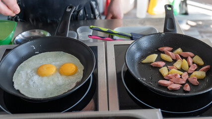 The chef fries the eggs sunny side up. 