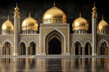 A golden mosque with domed minarets on a Ramadan-themed background for banner or poster design. Islamic background illustration.