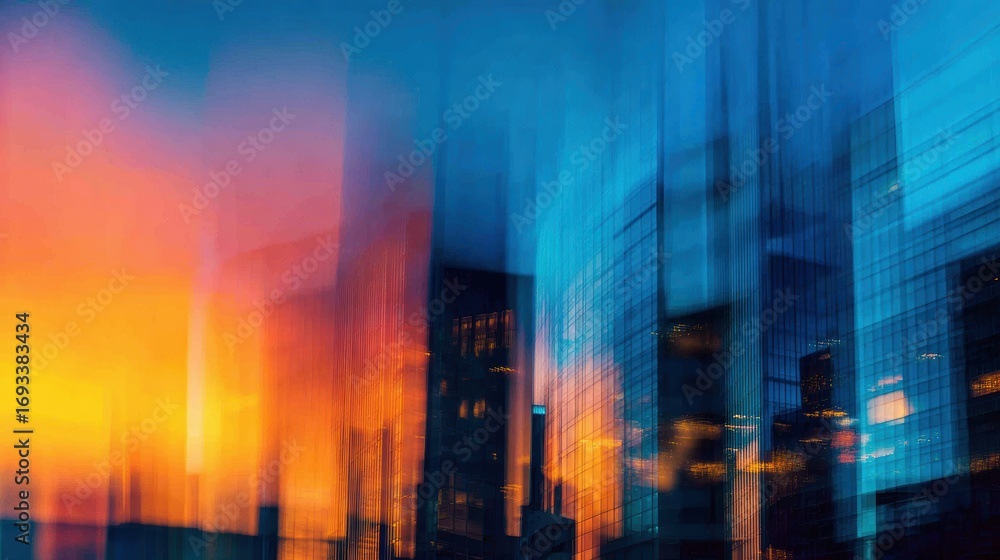 Poster abstract cityscape at dusk with vibrant colors and blurred skyscrapers creating a dynamic atmosphere