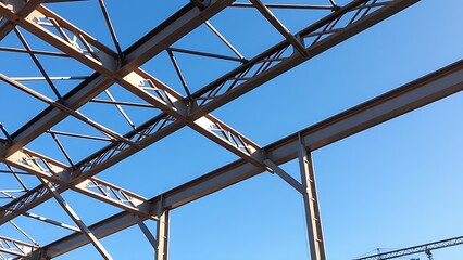 Industrial steel structure with geometric patterns, highlighting construction progress under clear skies.