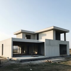 Contemporary home under construction with minimalist architectural style
