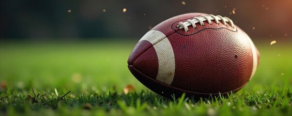 Gridiron action shot featuring a close-up of a worn, muddy American football, laces prominent, ready for the next play Game day intensity captured in detail , field, end zone