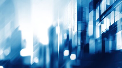 Abstract blue cityscape with blurred buildings and lights creating a dynamic urban atmosphere