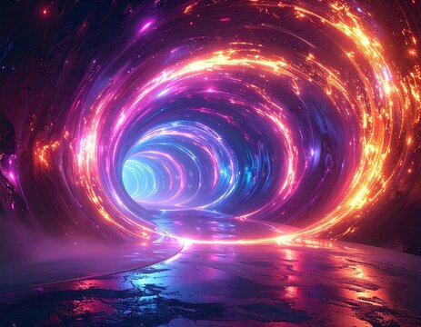 Neon Light Trails Tunnel Abstract Background