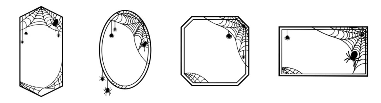 Halloween decorative frames with spider webs and spiders, oval, hexagon, rectangle and vertical shapes, gothic spooky borders