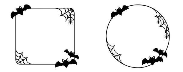 Halloween square and round frames with bats and spider webs, spooky gothic borders