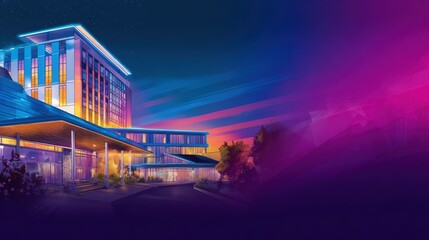 Vibrant hotel exterior at dusk with colorful lighting and serene surroundings, ideal for travel promotions
