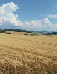 Fototapeta premium Golden wheat field stretches to hills under a partly cloudy sky