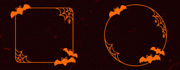 Halloween square and round decorative frames in orange color with bats, spider webs and spooky curls, vintage gothic border design on dark bloody background for party invitations, posters and greeting © OS