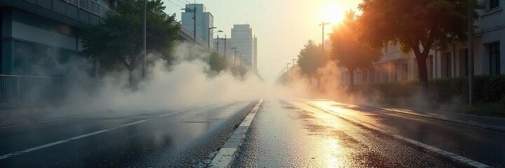 Intense summer downpour, steam rising from hot asphalt, creating an unusual weather phenomenon Heat haze distorts the view of buildings in the background , storm, summer