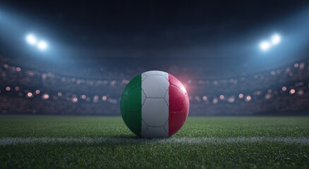 Obraz premium Soccer ball with Italian flag on a stadium at night