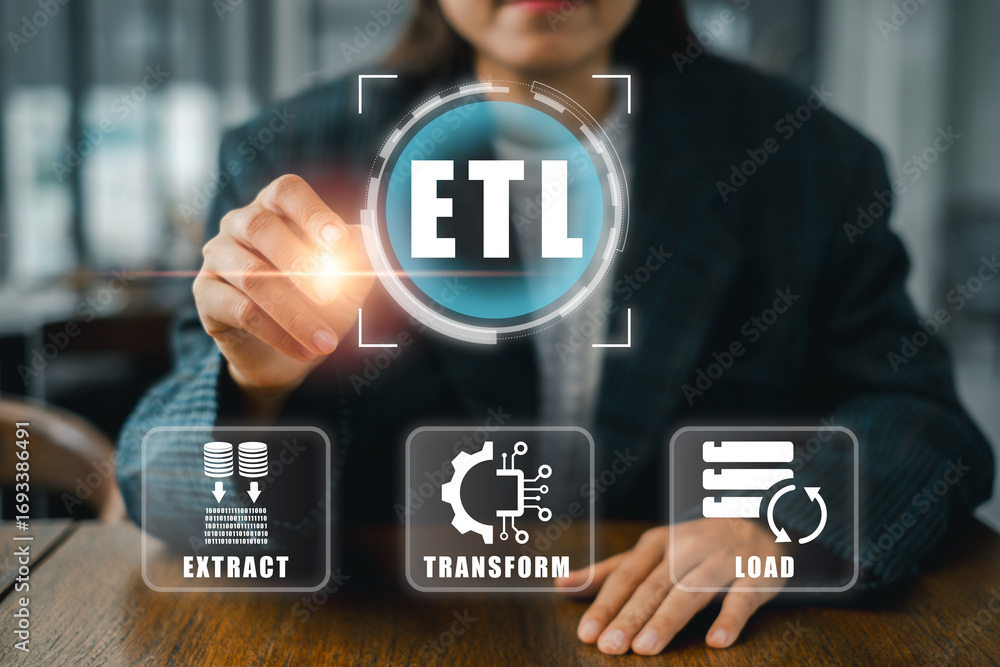 Poster visual representation of etl process with extract, transform, load icons, ideal for data management 