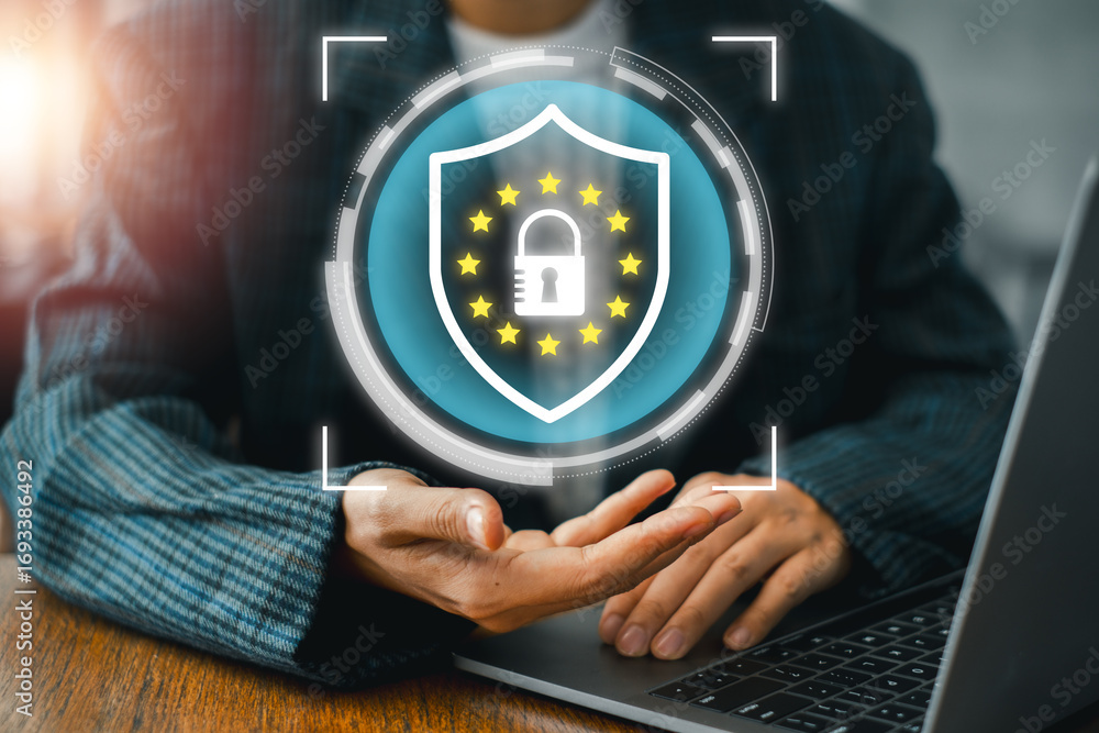 Poster visual representation of gdpr with a digital shield and lock, symbolizing data protection and privac