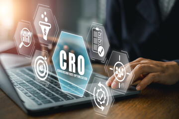 Illustration of CRO concept with digital icons on a laptop, representing conversion rate optimization in digital marketing.