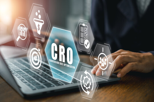 Illustration of CRO concept with digital icons on a laptop, representing conversion rate optimization in digital marketing.