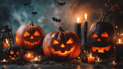 Fototapeta premium Halloween Pumpkin Carving with Candles and Spooky Faces 