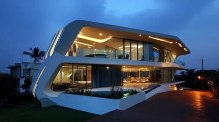Obraz premium Modern, futuristic home at dusk. Two-story dwelling with curved lines, glass walls, and pool area. Soft interior lights glow