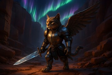 Winged Feline Warrior in Shining Armor with Crystal Sword Walking Through Floating Canyon Under Auroras Fantasy 3D Dramatic Scene