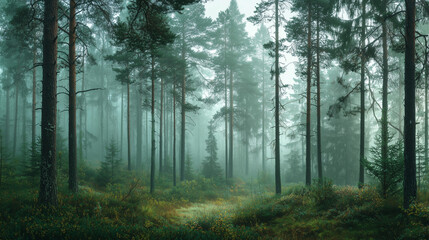 Fototapeta premium Misty morning in a pine forest