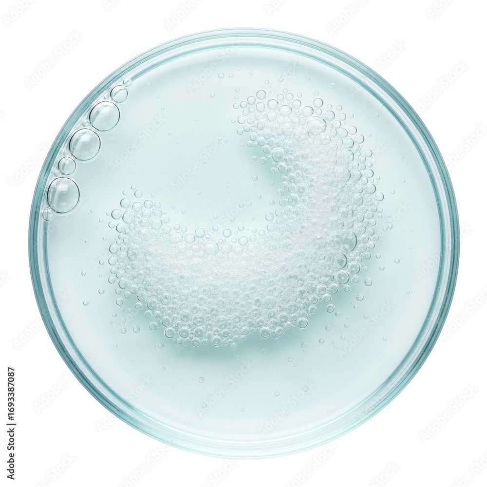 Poster Translucent aqueous solution with effervescent structure viewed from directly above on transparent