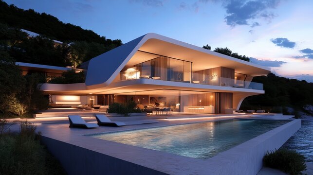 Modern luxury home with pool, overlooking water at dusk, illuminated interiors