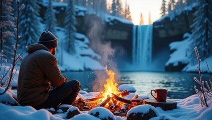 Adventurer's campfire burns warmly near a majestic icy waterfall, surrounded by frozen vegetation