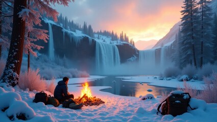 Adventurer's campfire burns warmly near a majestic icy waterfall, surrounded by frozen vegetation