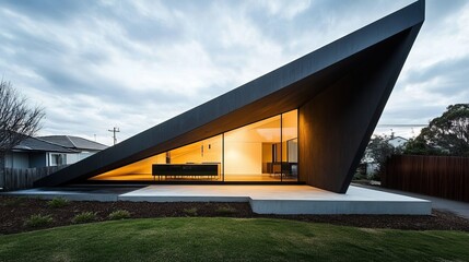 Modern home featuring striking triangular design. Large windows provide view into cozy interior. Clouds overhead