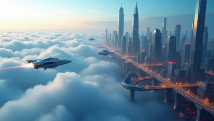 Sleek megacityscape suspended high above the clouds