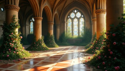Vast ruined cathedral with crumbling stone walls, overgrown with lush vibrant roses and ivy, stained glass windows