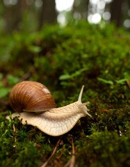 Snail in mossy forest floor