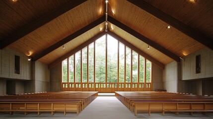 Fototapeta premium Spacious interior with wooden beams, benches, and large windows overlooking trees. Natural light floods the room